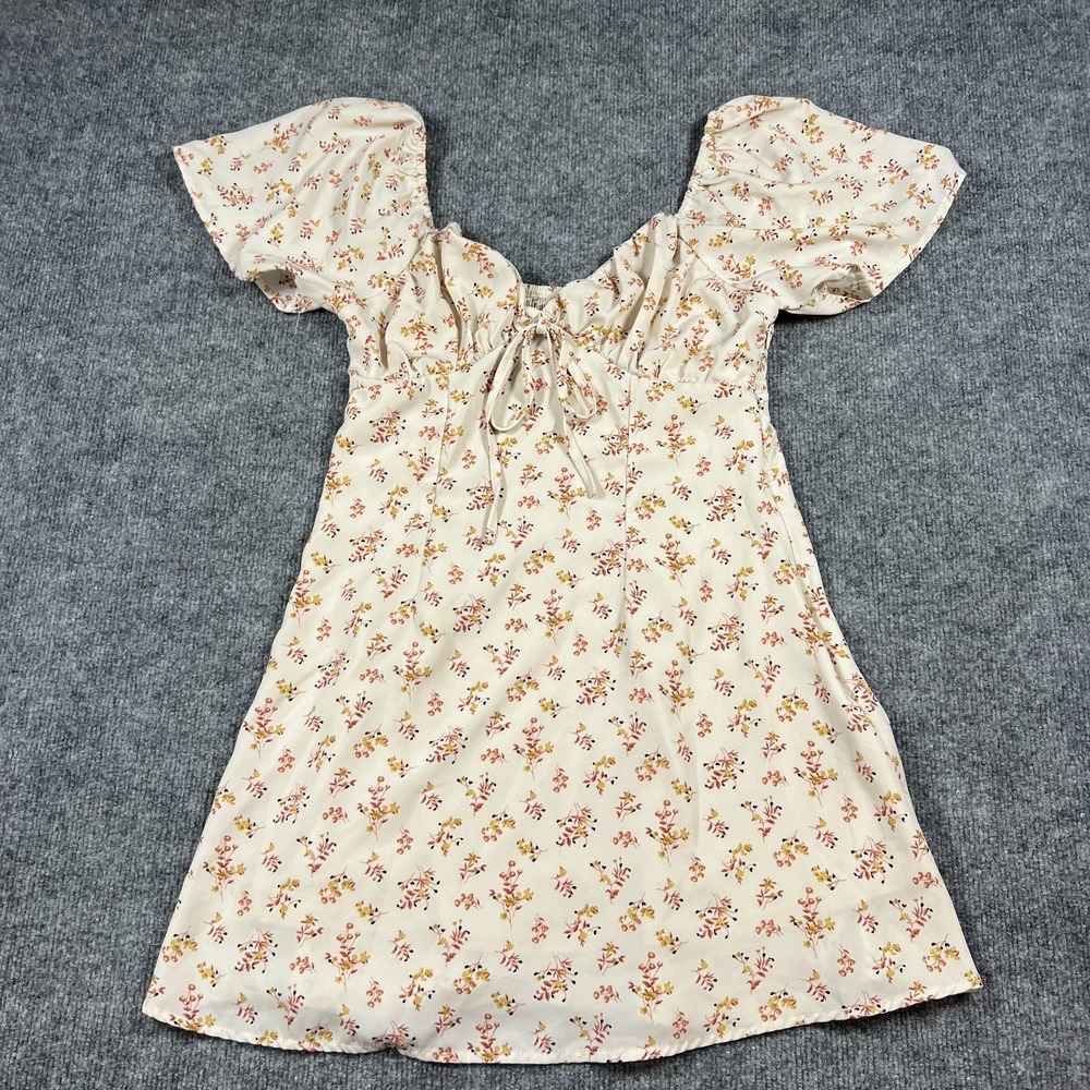 Camellia Mini Dress Womens Small Beige Floral Print Milkmaid‎ Tie Square Neck